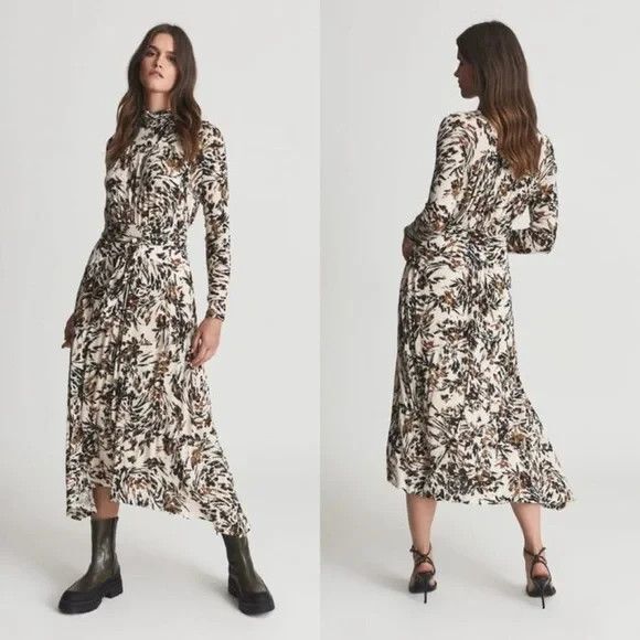 Reiss Bobby Floral Printed Long Sleeve Midi Dress Wool Jersey Knit - Picture 1 of 13
